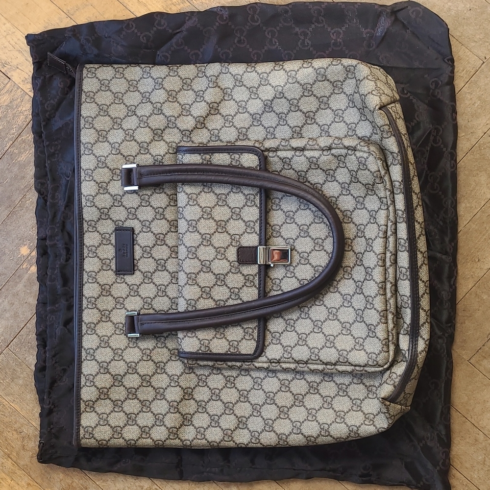 Gucci monogram tote with dark brown leather trim